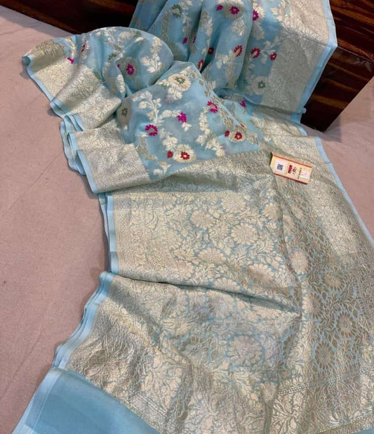 Aqua Blue Banaras Soft Georgette Jaal silk