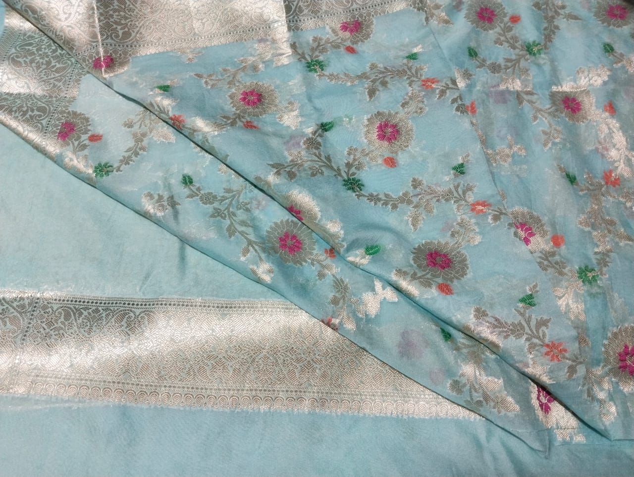 Aqua Blue Banaras Soft Georgette Jaal silk - AbirabyBeena