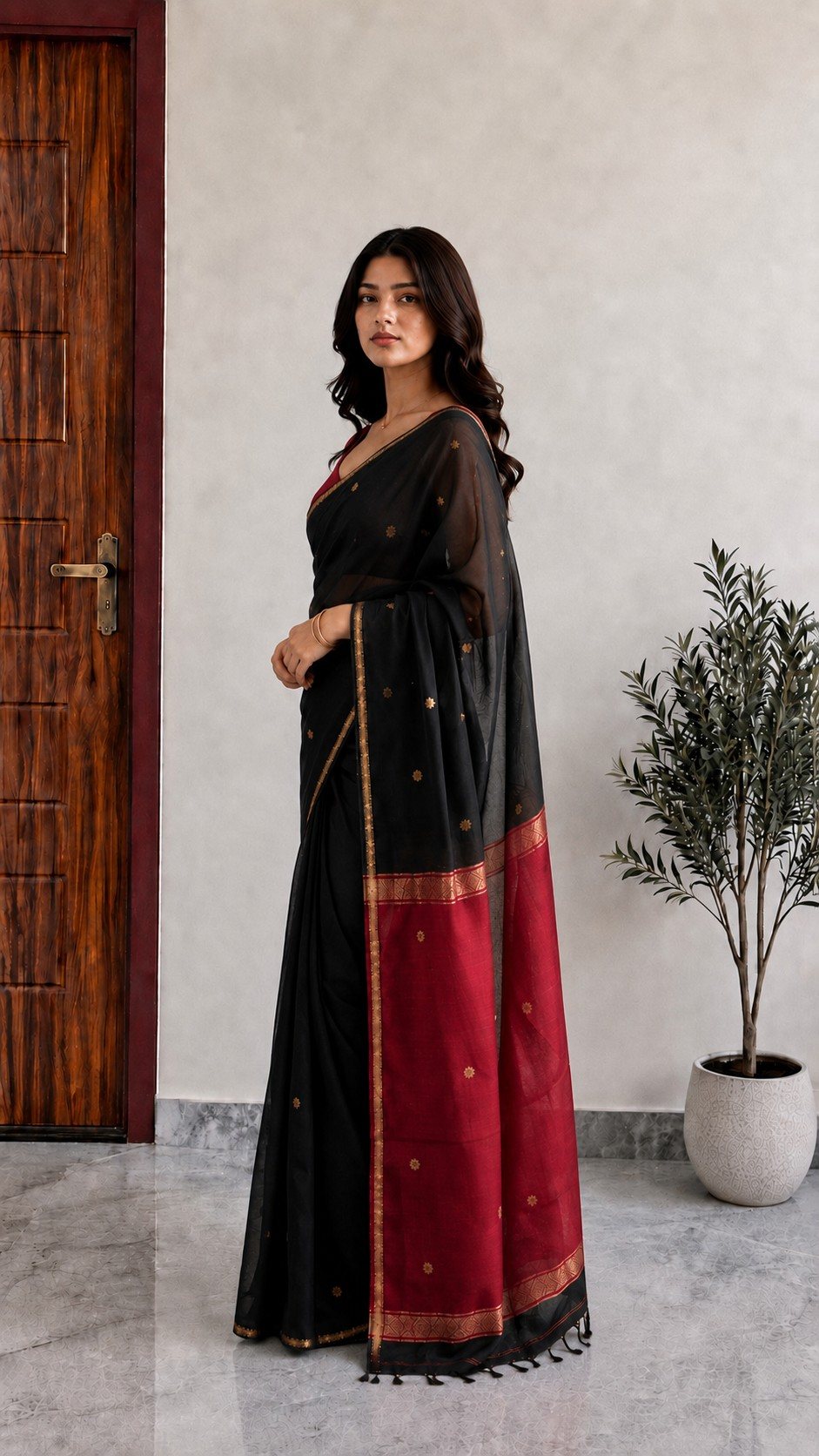 Black Maheshwari Cotton Saree with Red Pallu
