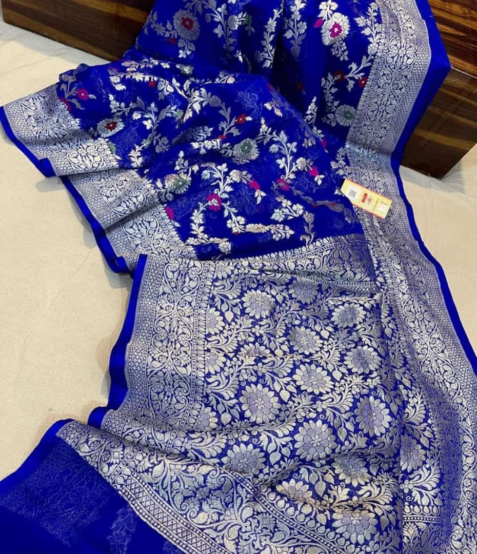Blue Banaras Soft Georgette Jaal silk - AbirabyBeena