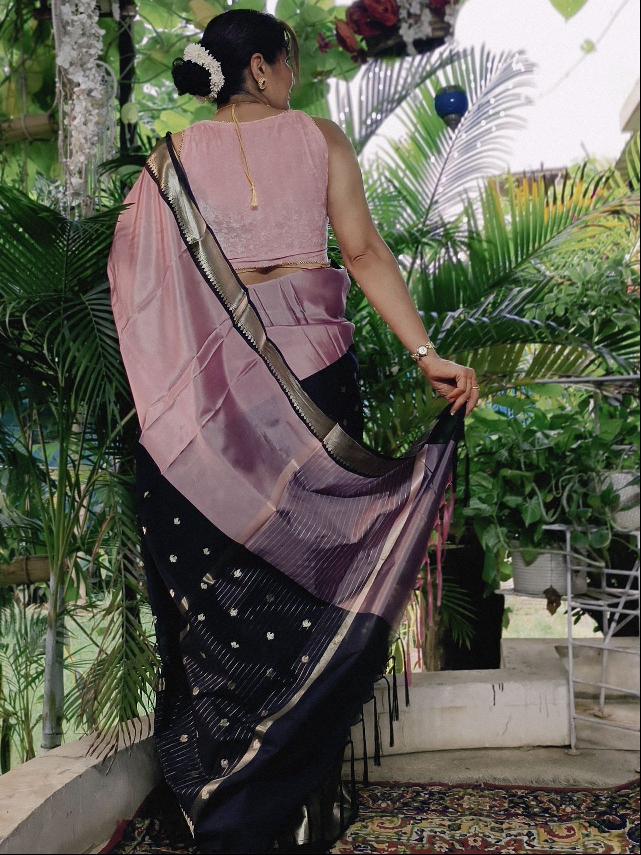 Dual tone Blush Pink and Black Soft Katan Silk Saree