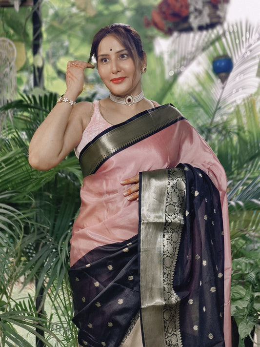 Dual tone Blush Pink and Black Soft Katan Silk Saree