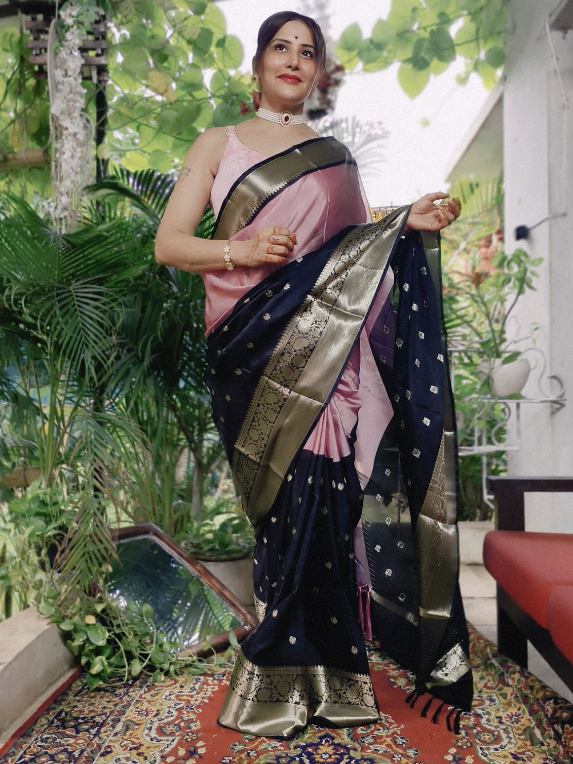 Dual tone Blush Pink and Black Soft Katan Silk Saree