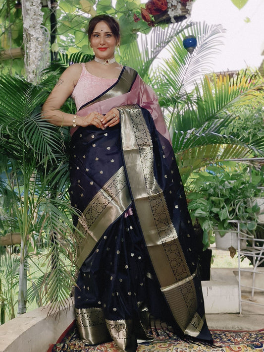 Dual tone Blush Pink and Black Soft Katan Silk Saree
