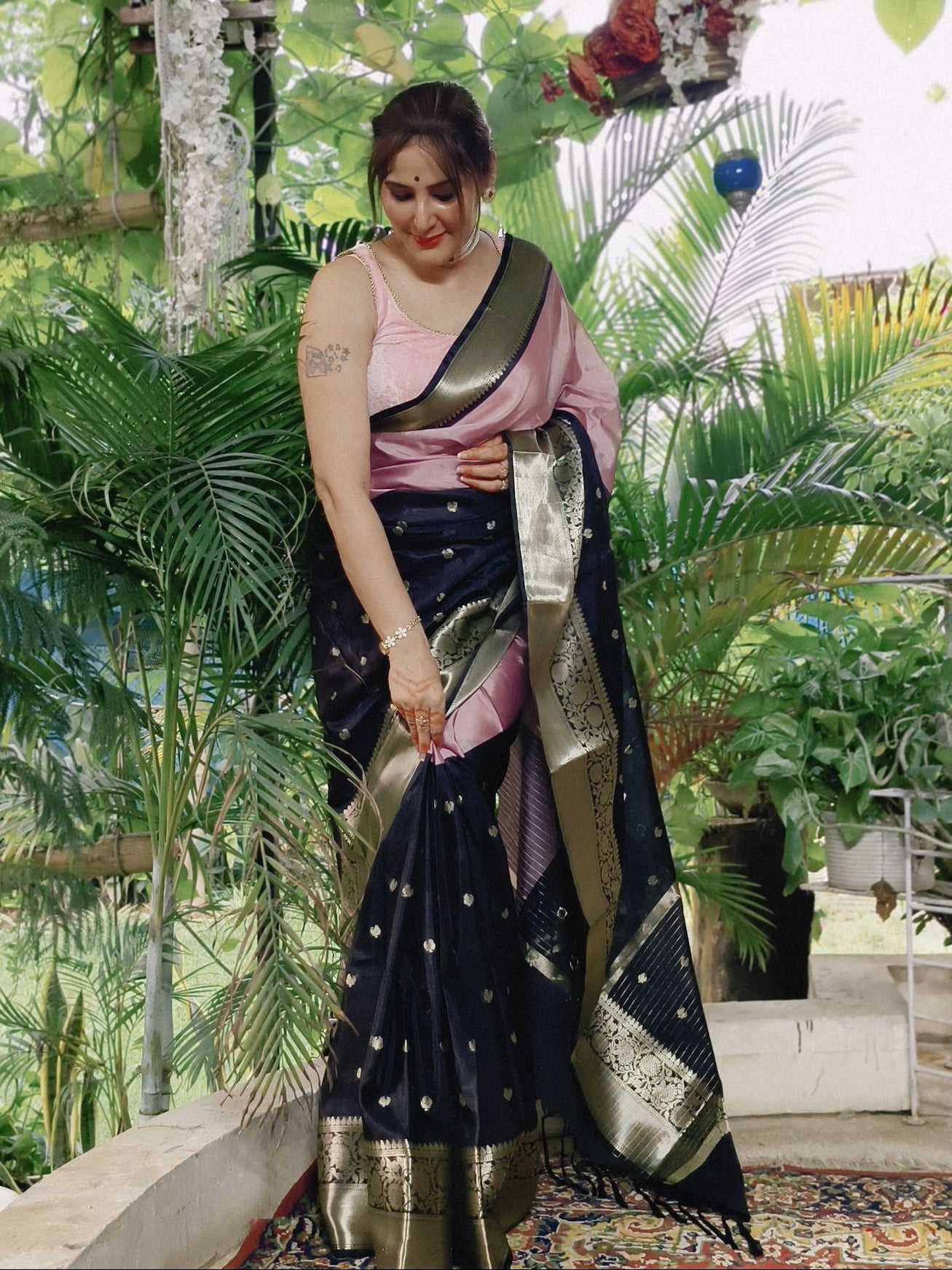 Dual tone Blush Pink and Black Soft Katan Silk Saree