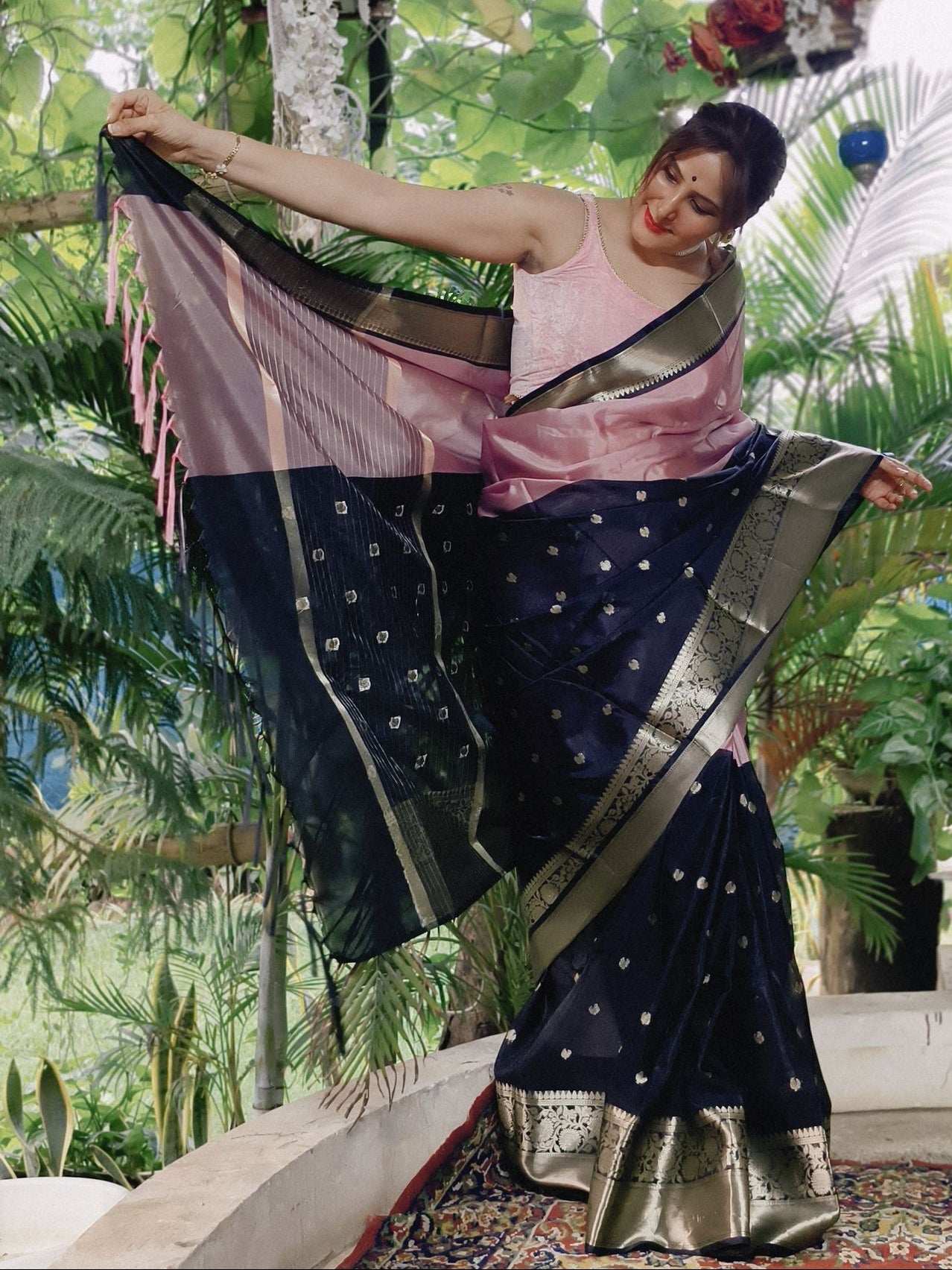 Dual tone Blush Pink and Black Soft Katan Silk Saree