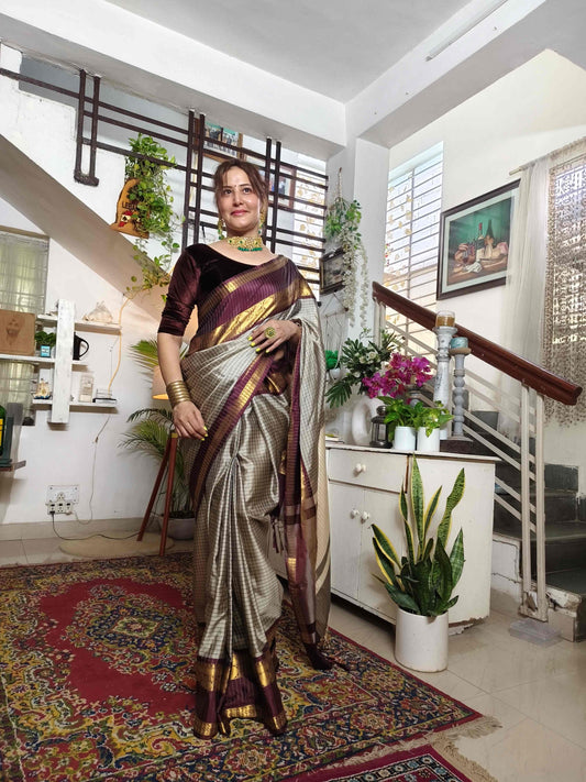 Checks Grey Soft Silk Saree with Maroon Border