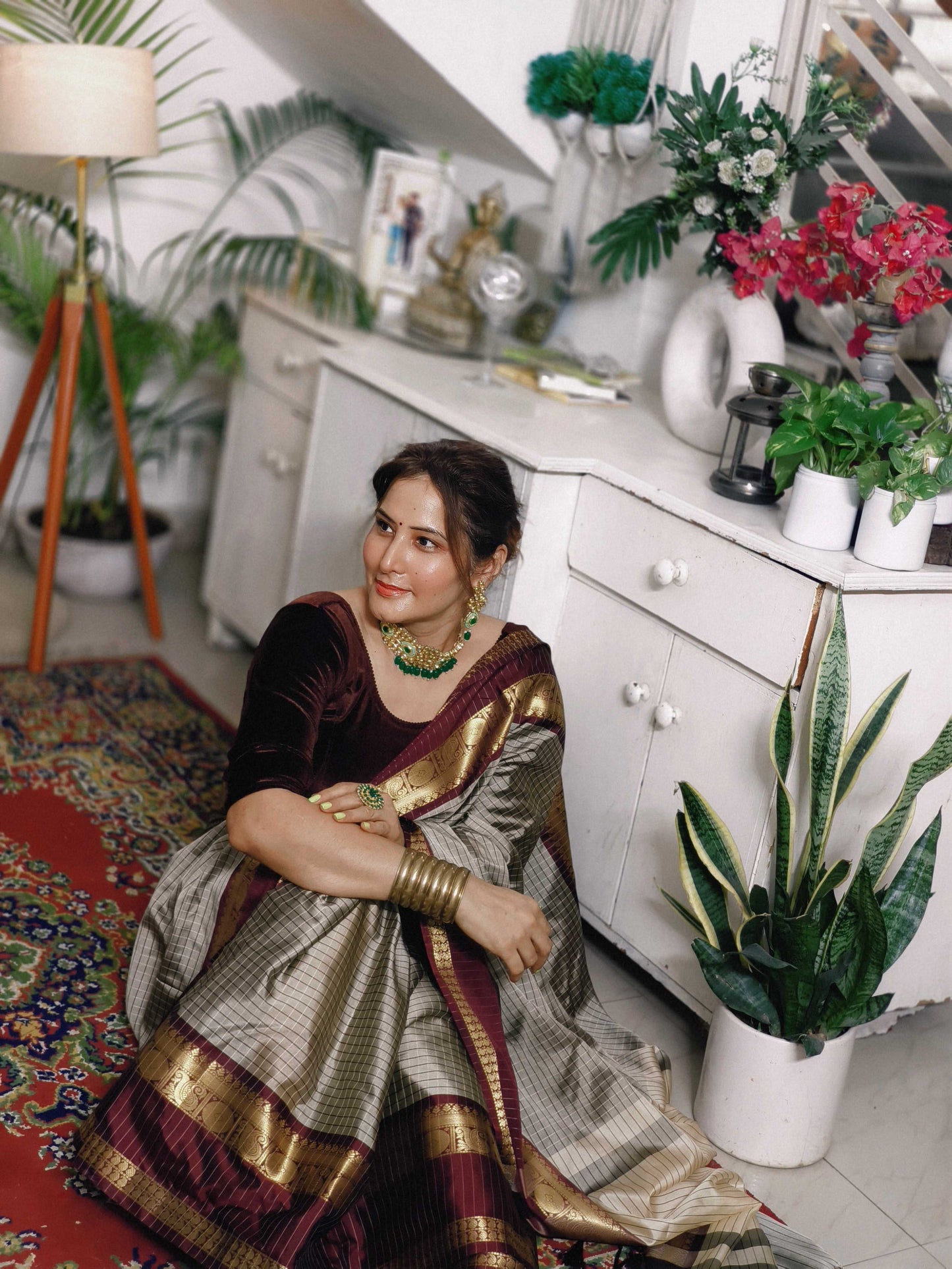 Checks Grey Soft Silk Saree with Maroon Border