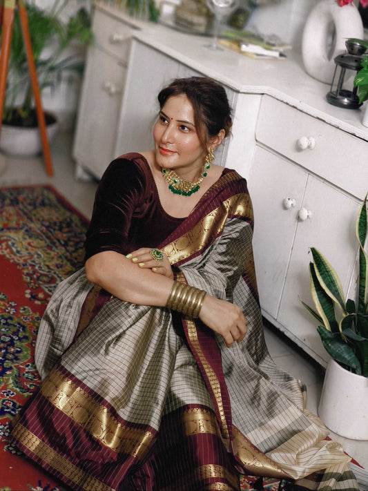 Checks Grey Soft Silk Saree with Maroon Border