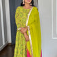 Lime Green Cotton Embellished Floral Printed Kurta With Flared Palazzo And Dupatta