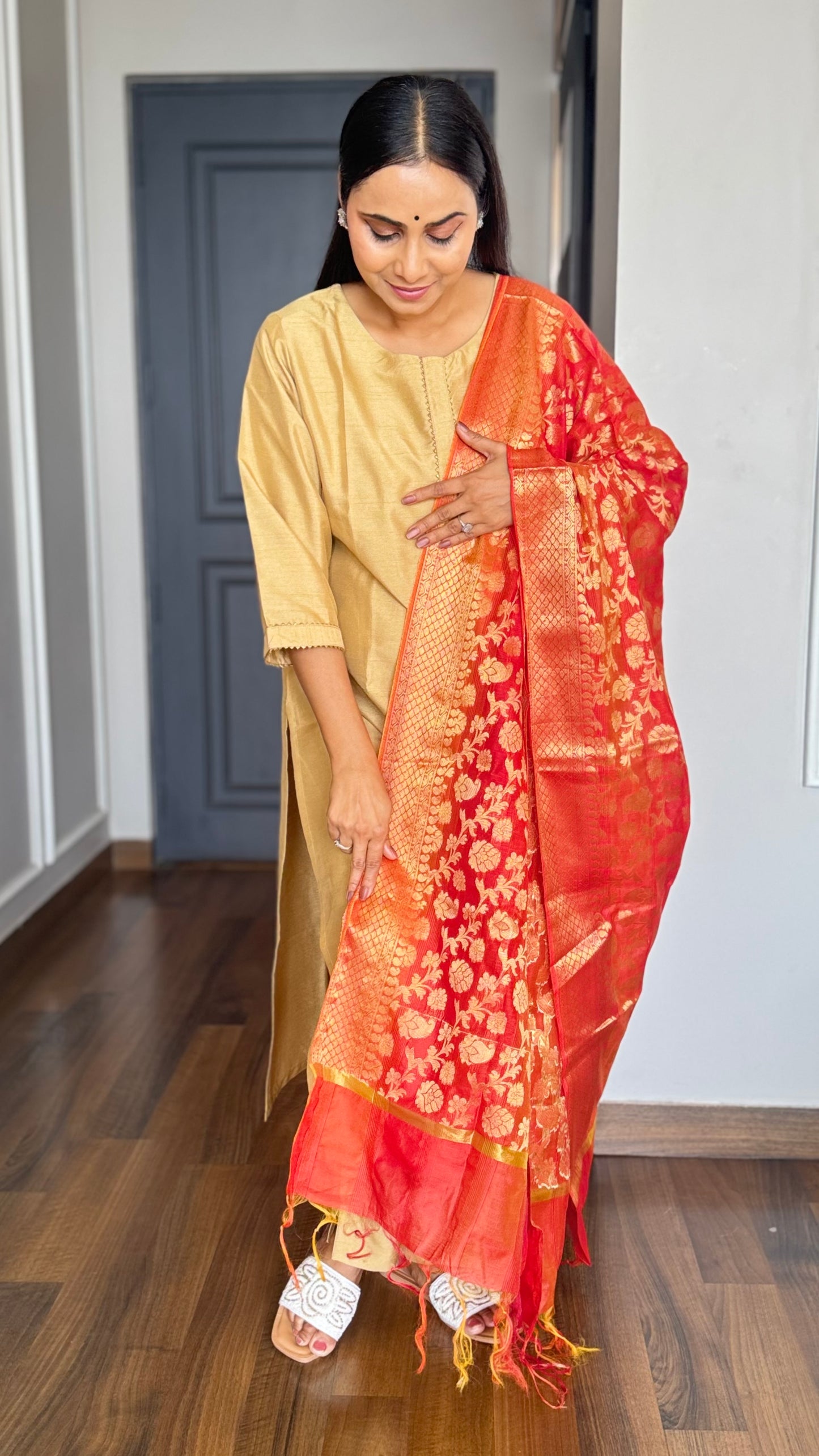 Gold Poly Silk Solid Kurta With Pant And Dupatta