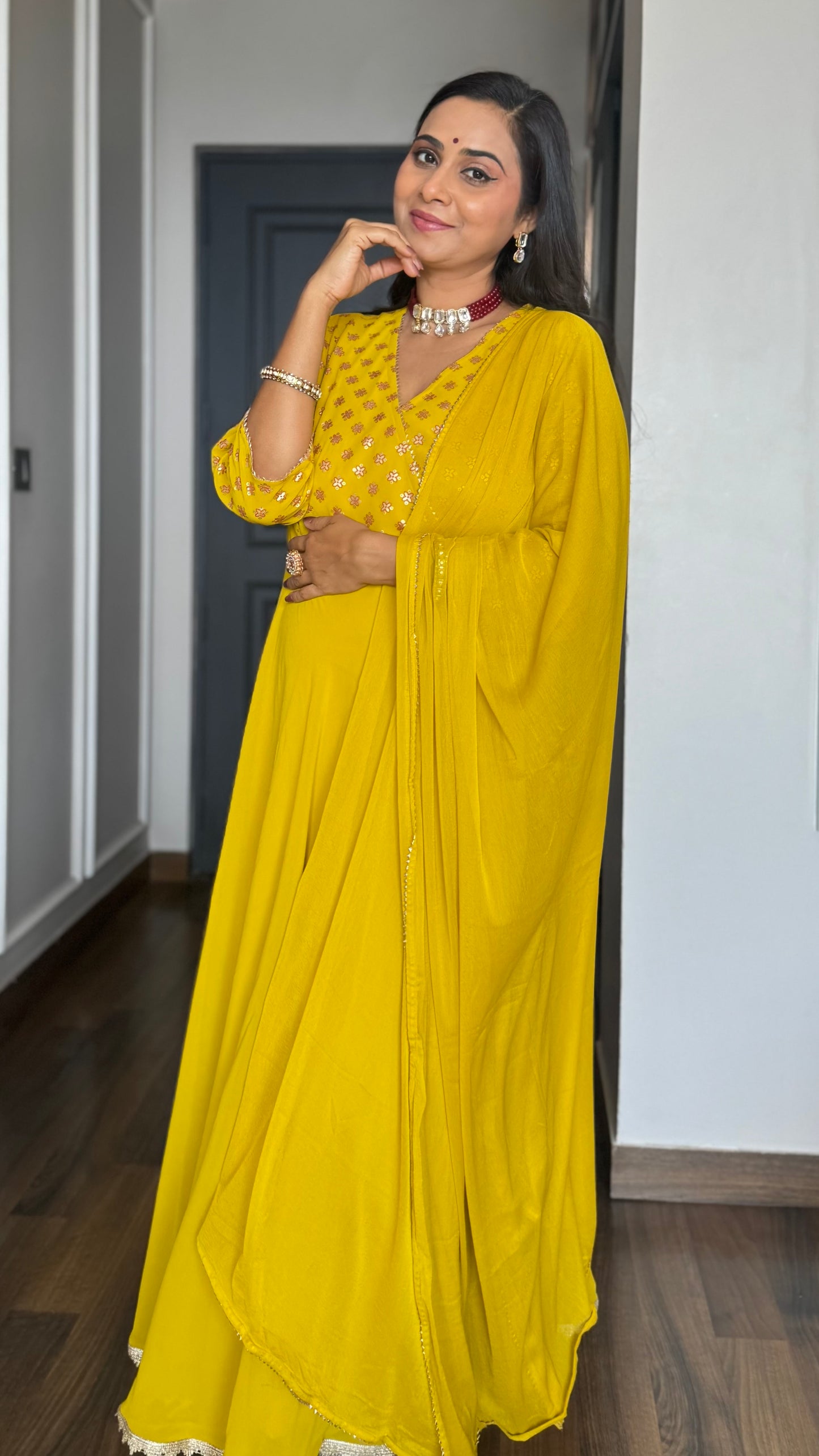 Gleaming Sunflower Foil Kurta With Dupatta