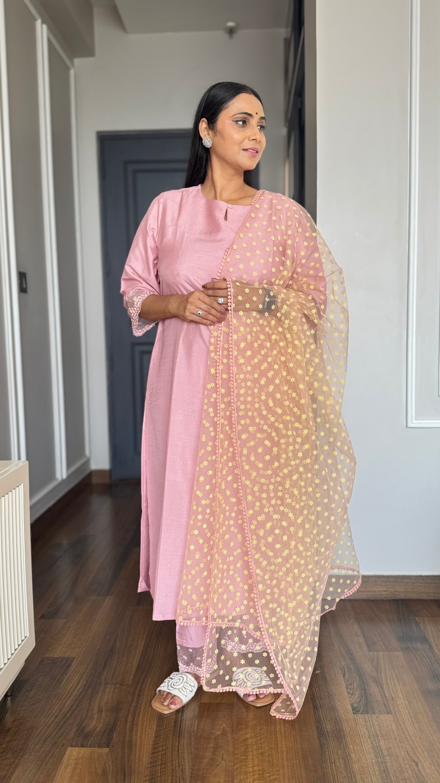Pink Poly Silk Solid Kurta With Pant