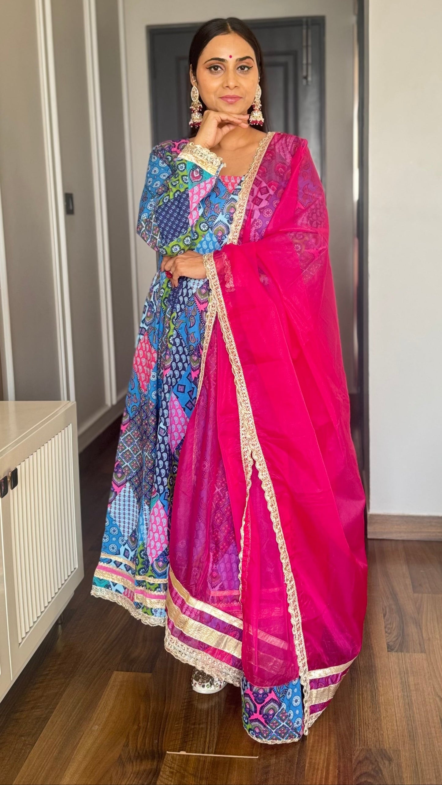 Blue Cotton Ethnic Printed Kurta With Pant And Dupatta