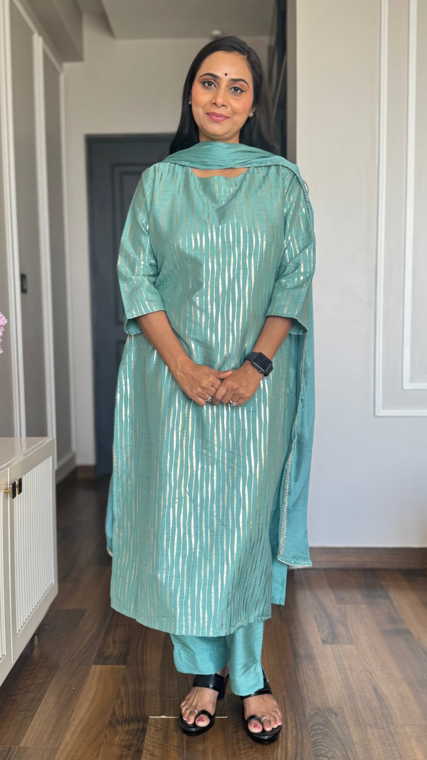 Green Poly Silk Striped Kurta With Pant And Dupatta