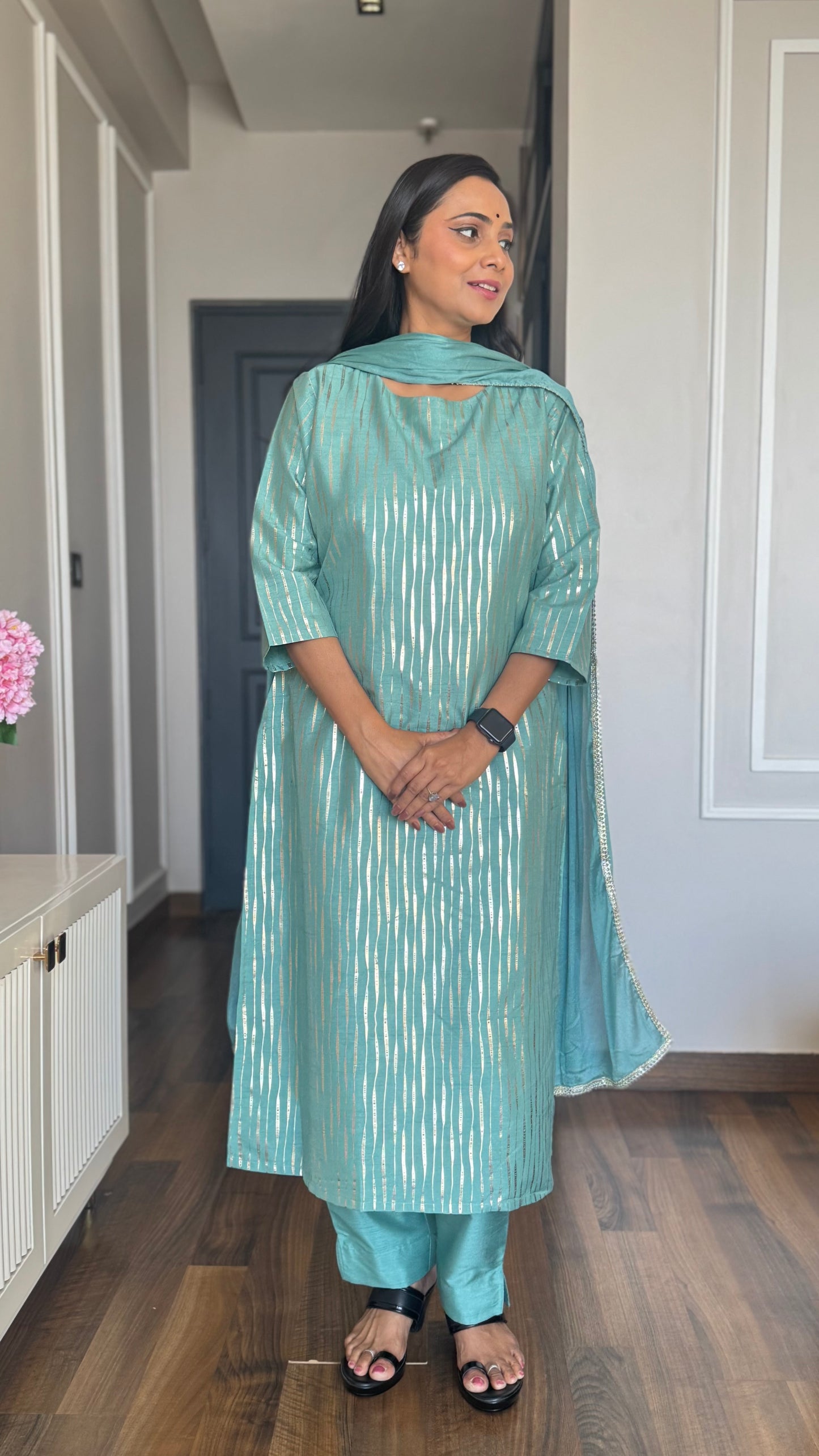 Green Poly Silk Striped Kurta With Pant And Dupatta