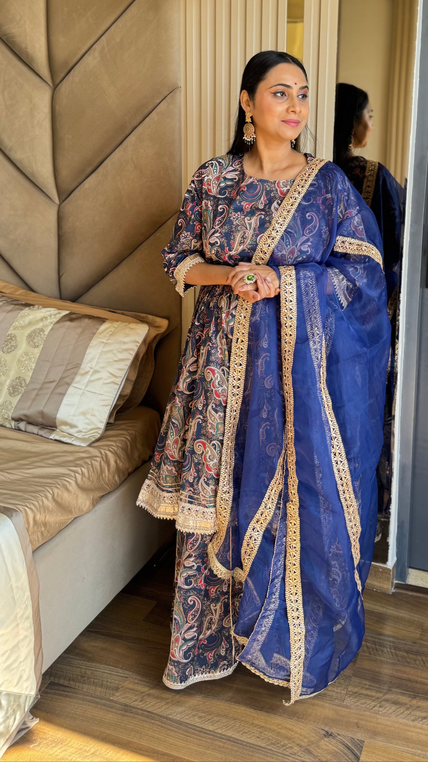 Navy Blue Cotton Ethnic Printed Kurta With Flared Palazzo And Dupatta