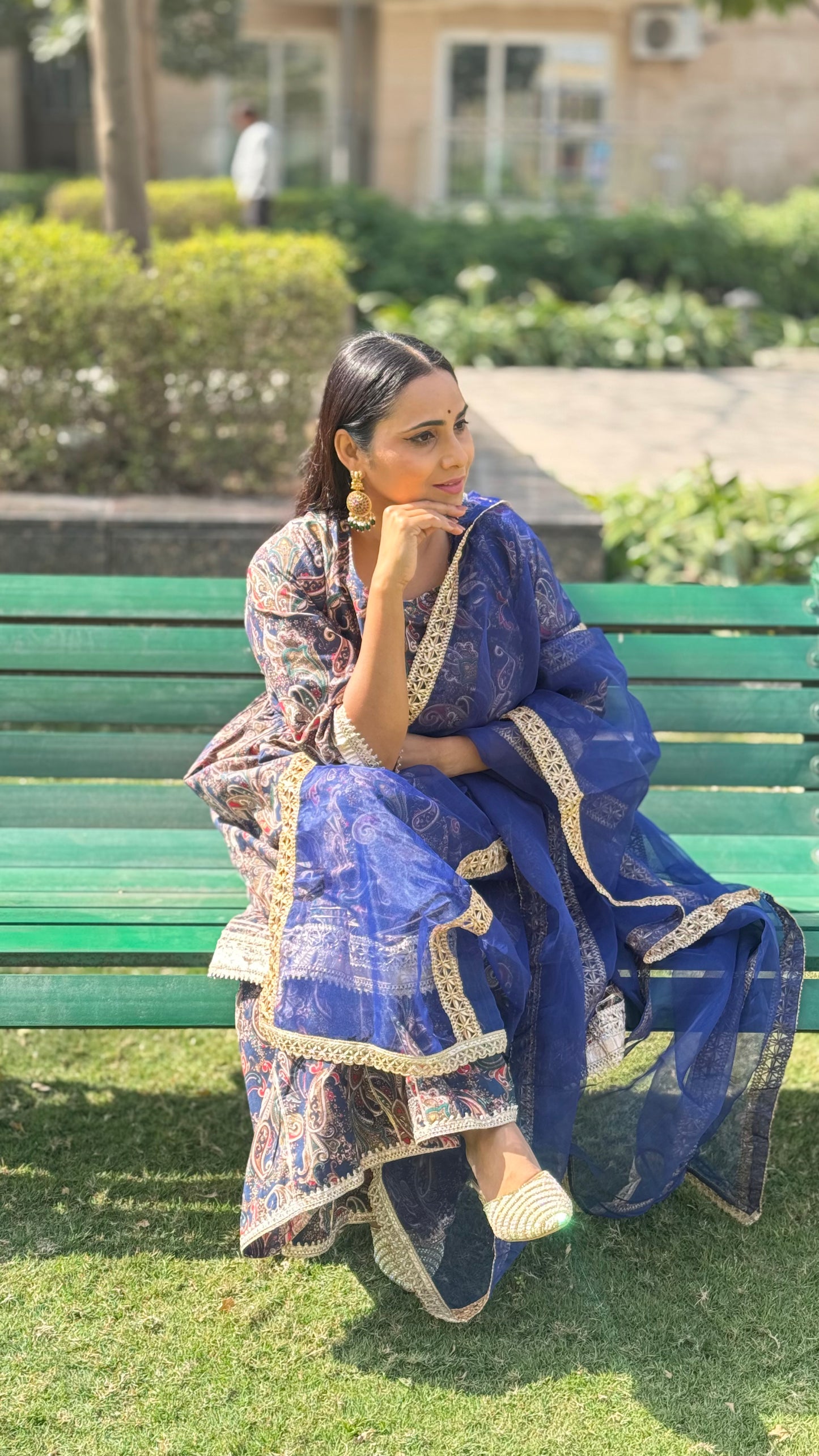 Navy Blue Cotton Ethnic Printed Kurta With Flared Palazzo And Dupatta