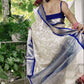 Ivory Embroidered Tissue Silk Saree with Royal Blue Zari Border