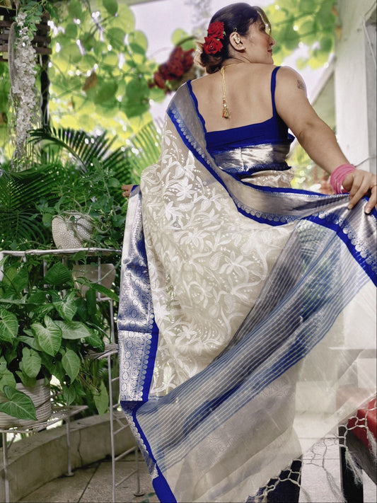 Ivory Embroidered Tissue Silk Saree with Royal Blue Zari Border