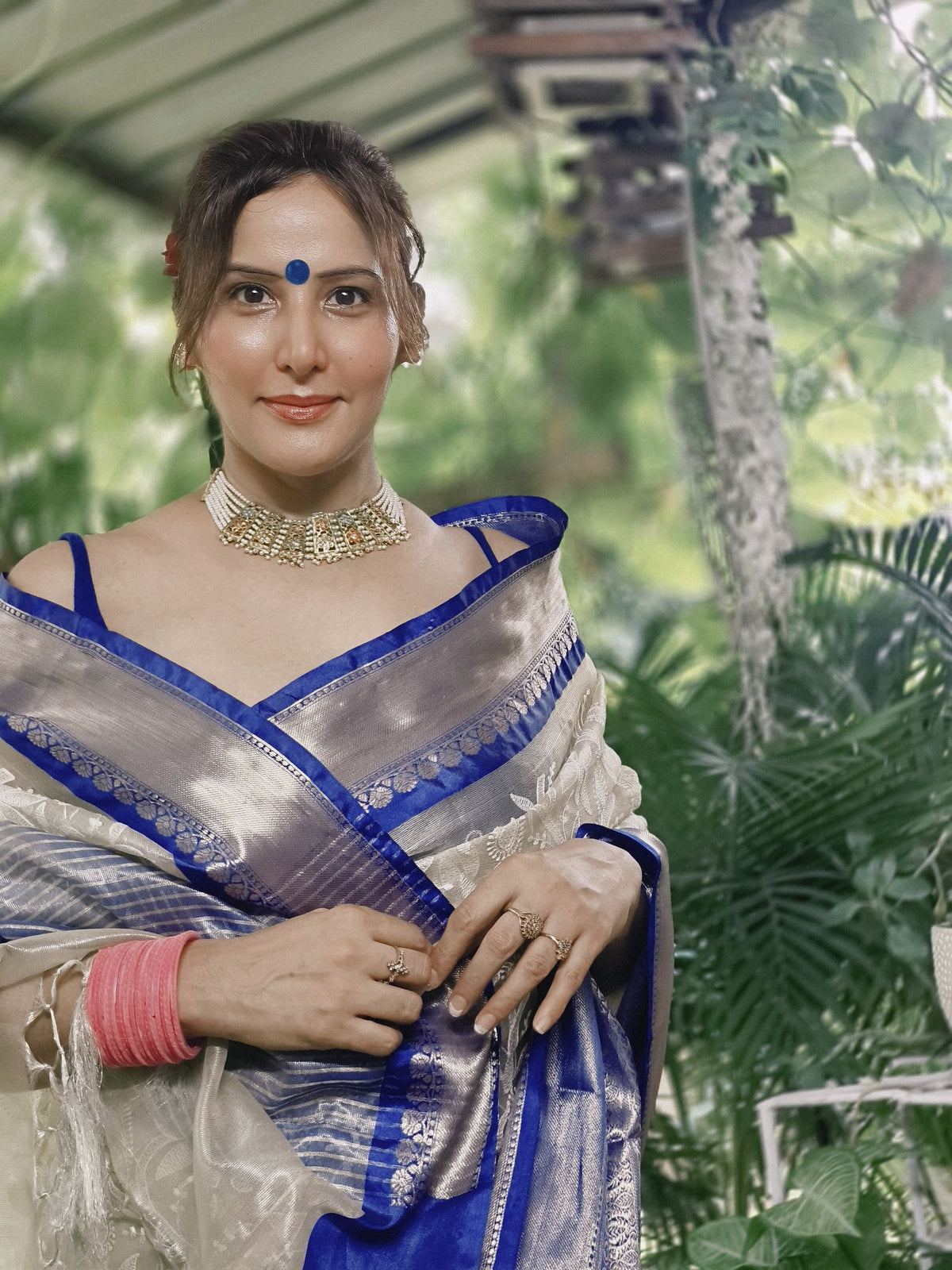 Ivory Embroidered Tissue Silk Saree with Royal Blue Zari Border