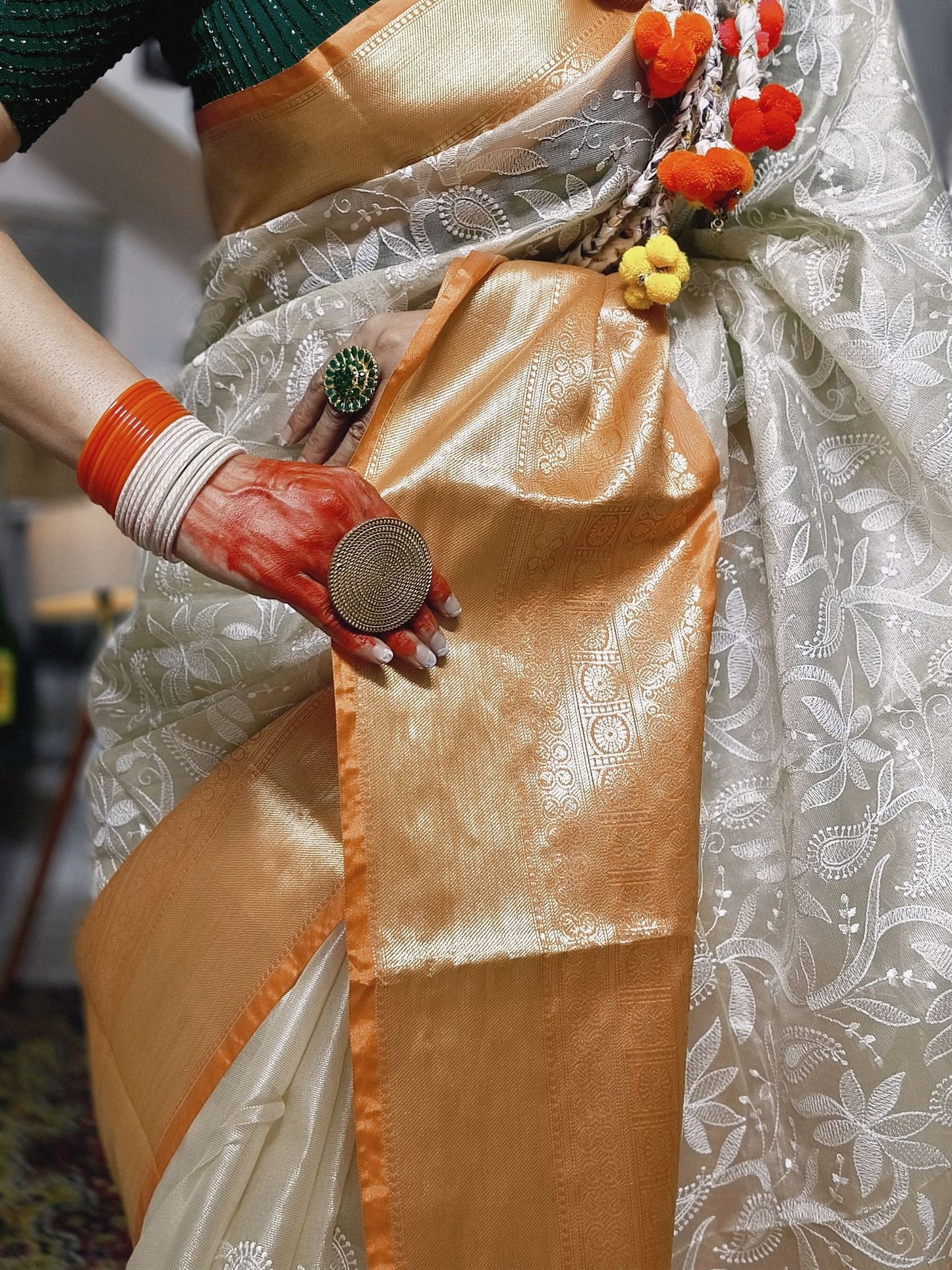 Ivory Embroidered Tissue Silk Saree - Orange Border