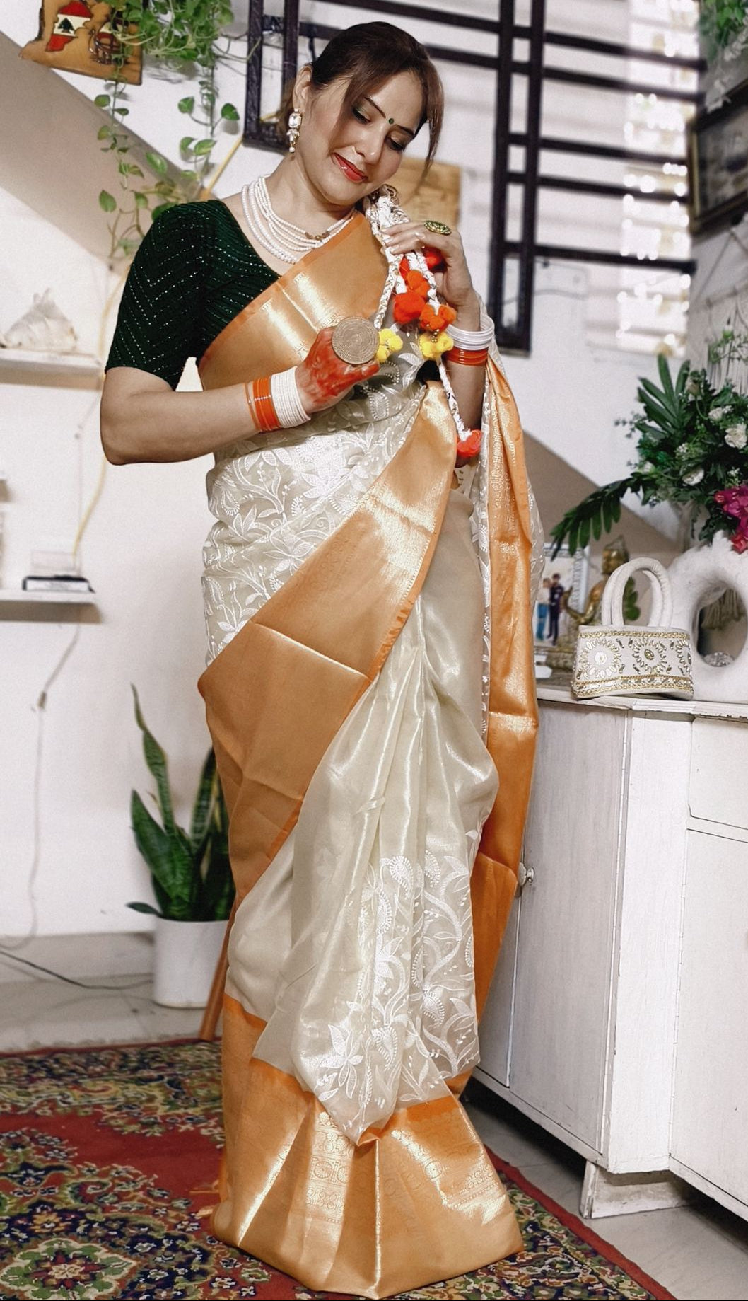 Ivory Embroidered Tissue Silk Saree - Orange Border