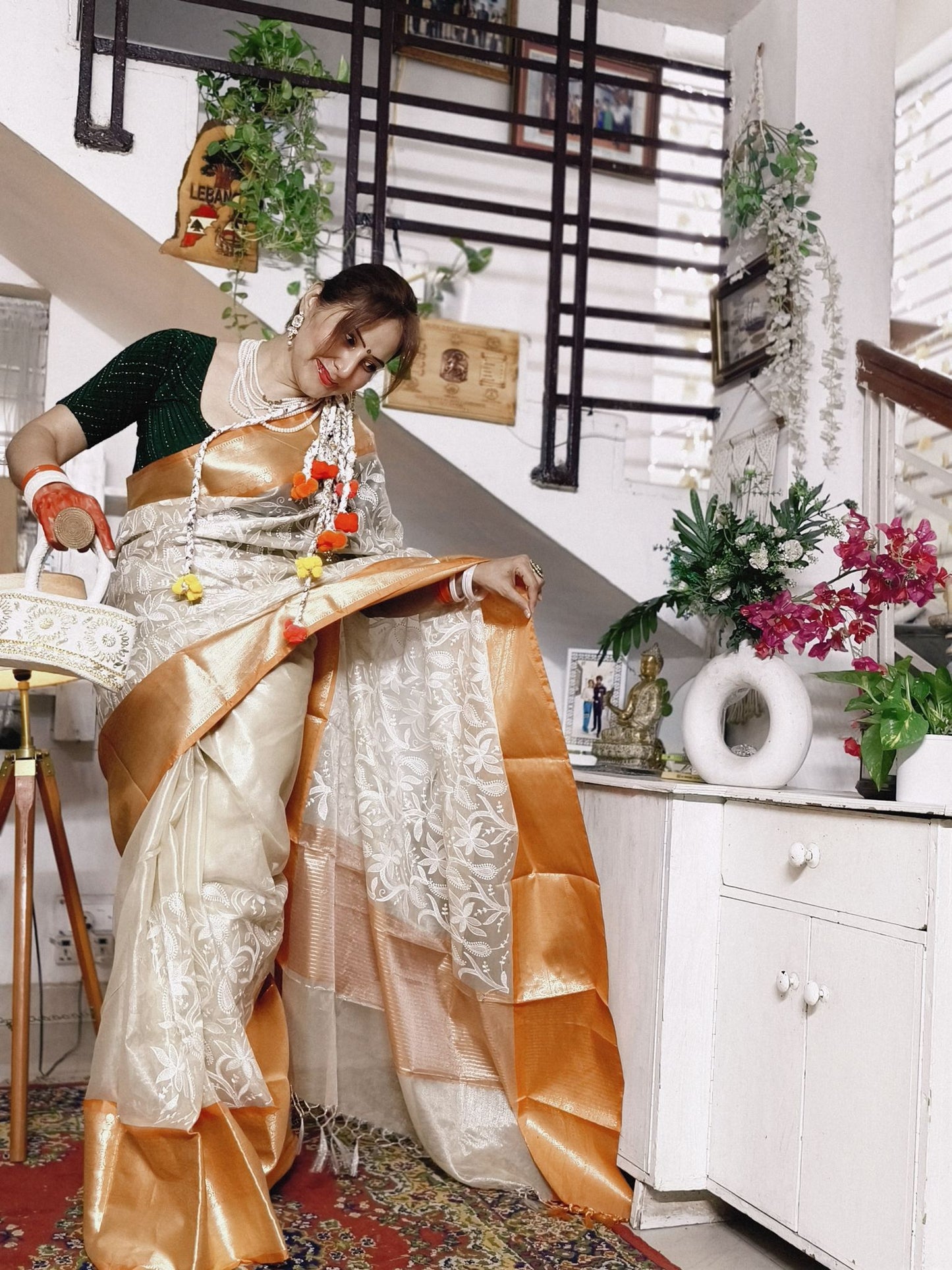 Ivory Embroidered Tissue Silk Saree - Orange Border