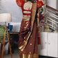 Brown Soft Katan Silk Saree with Broad Gold Zari Border