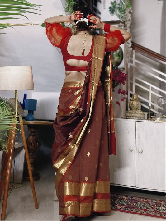 Brown Soft Katan Silk Saree with Broad Gold Zari Border