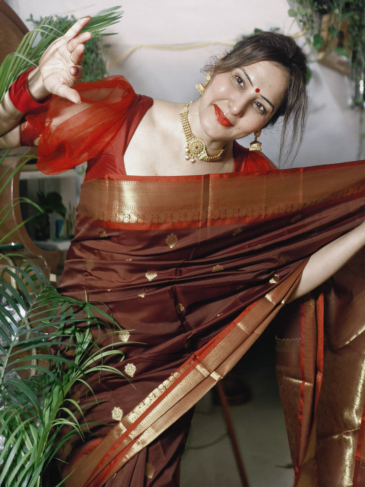 Brown Soft Katan Silk Saree with Broad Gold Zari Border