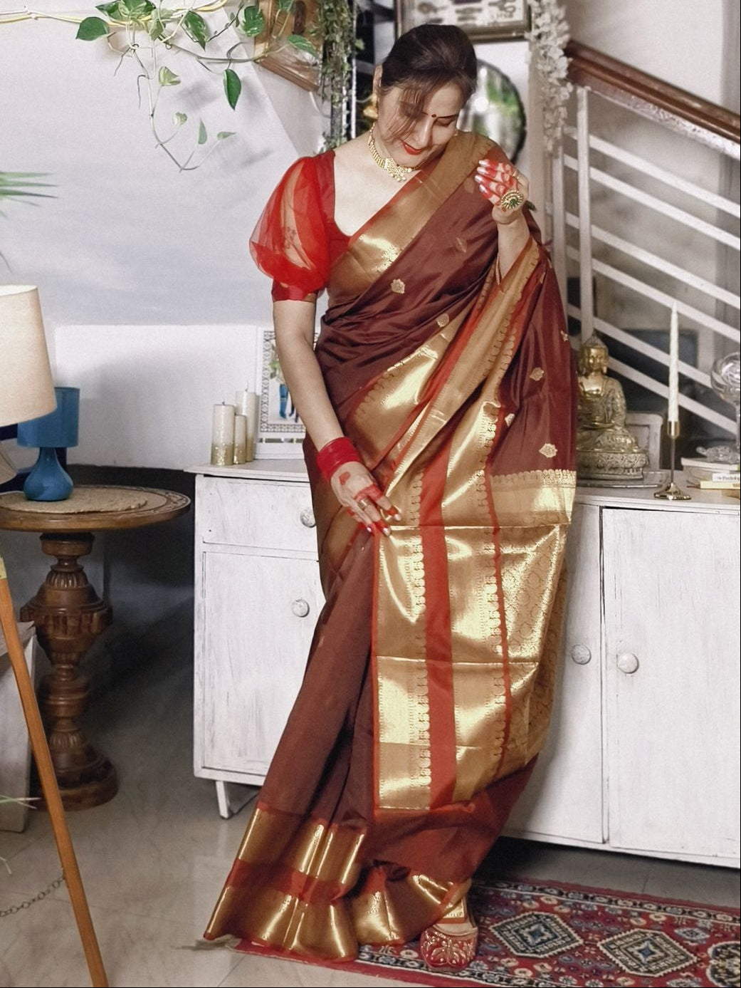 Brown Soft Katan Silk Saree with Broad Gold Zari Border