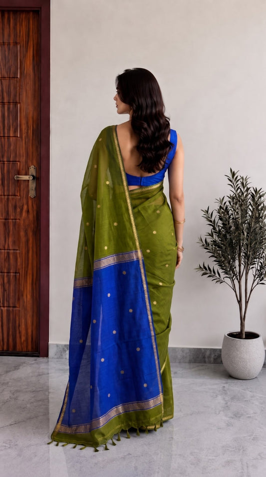 Olive Green Maheshwari Cotton Saree with Royal Blue Pallu