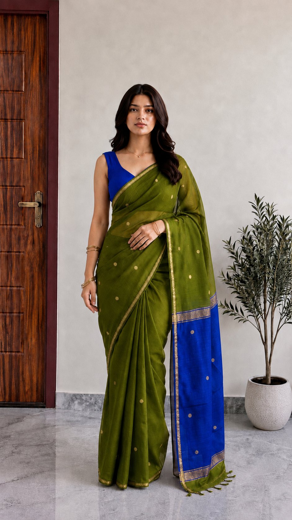 Olive Green Maheshwari Cotton Saree with Royal Blue Pallu