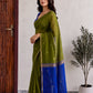 Olive Green Maheshwari Cotton Saree with Royal Blue Pallu