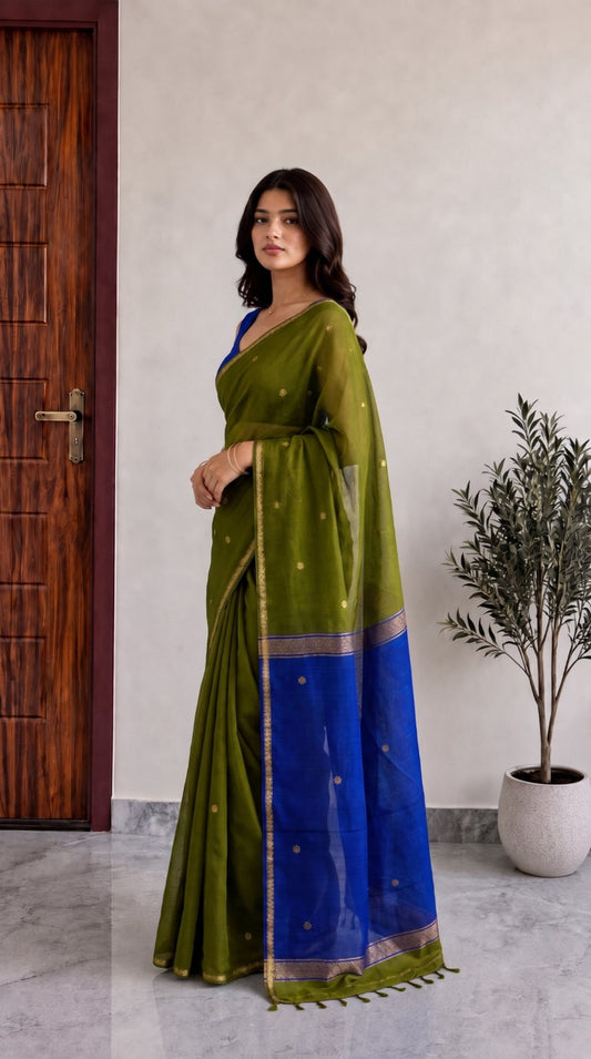 Olive Green Maheshwari Cotton Saree with Royal Blue Pallu