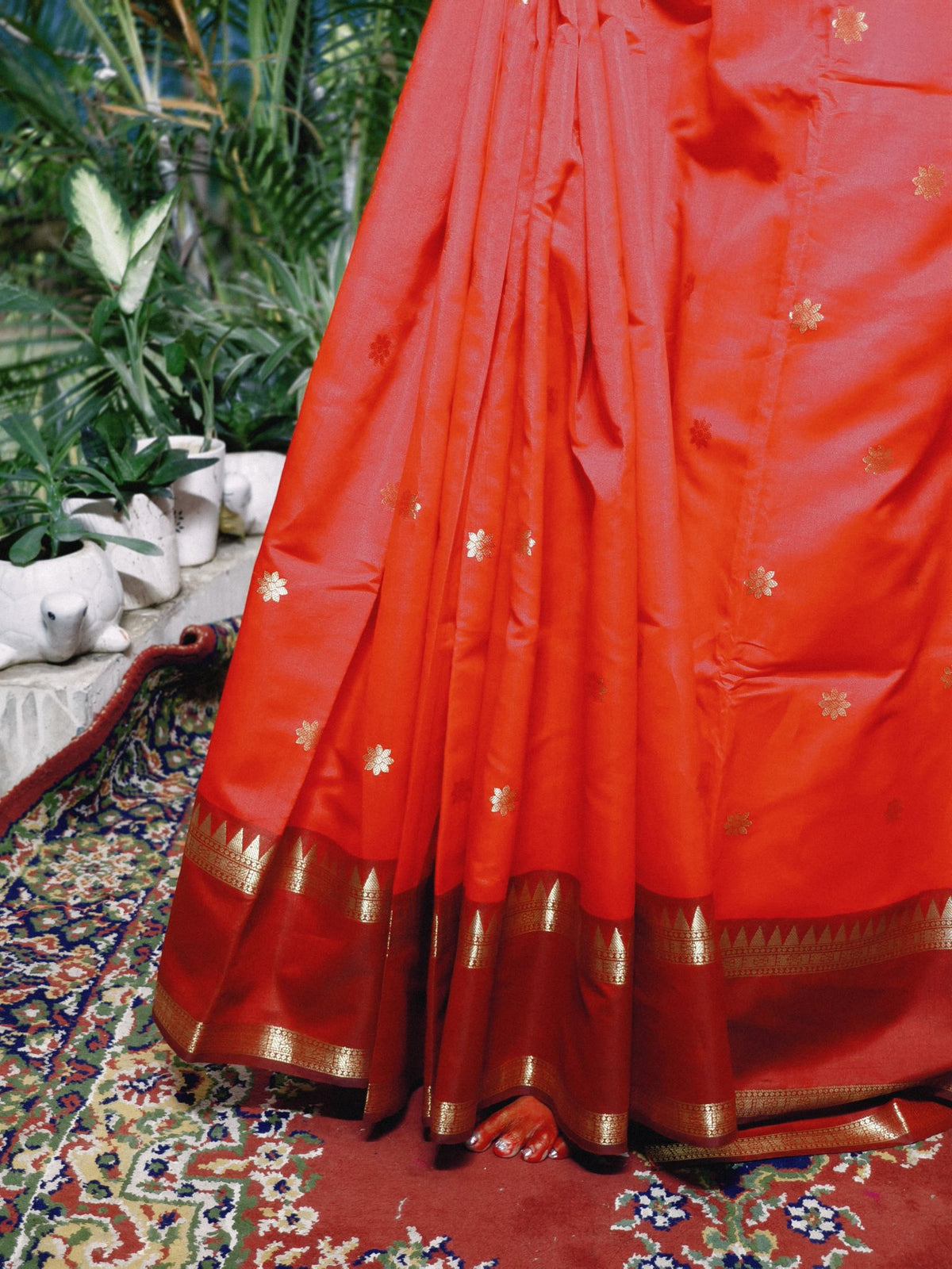 Red Soft Katan Silk Saree with Temple Border