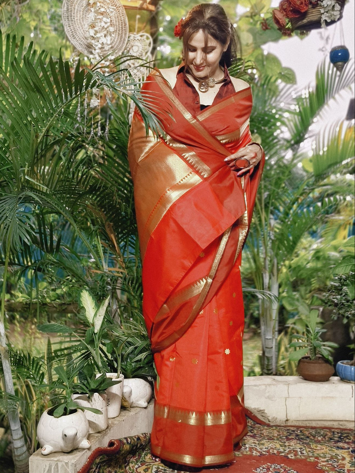 Red Soft Katan Silk Saree with Temple Border