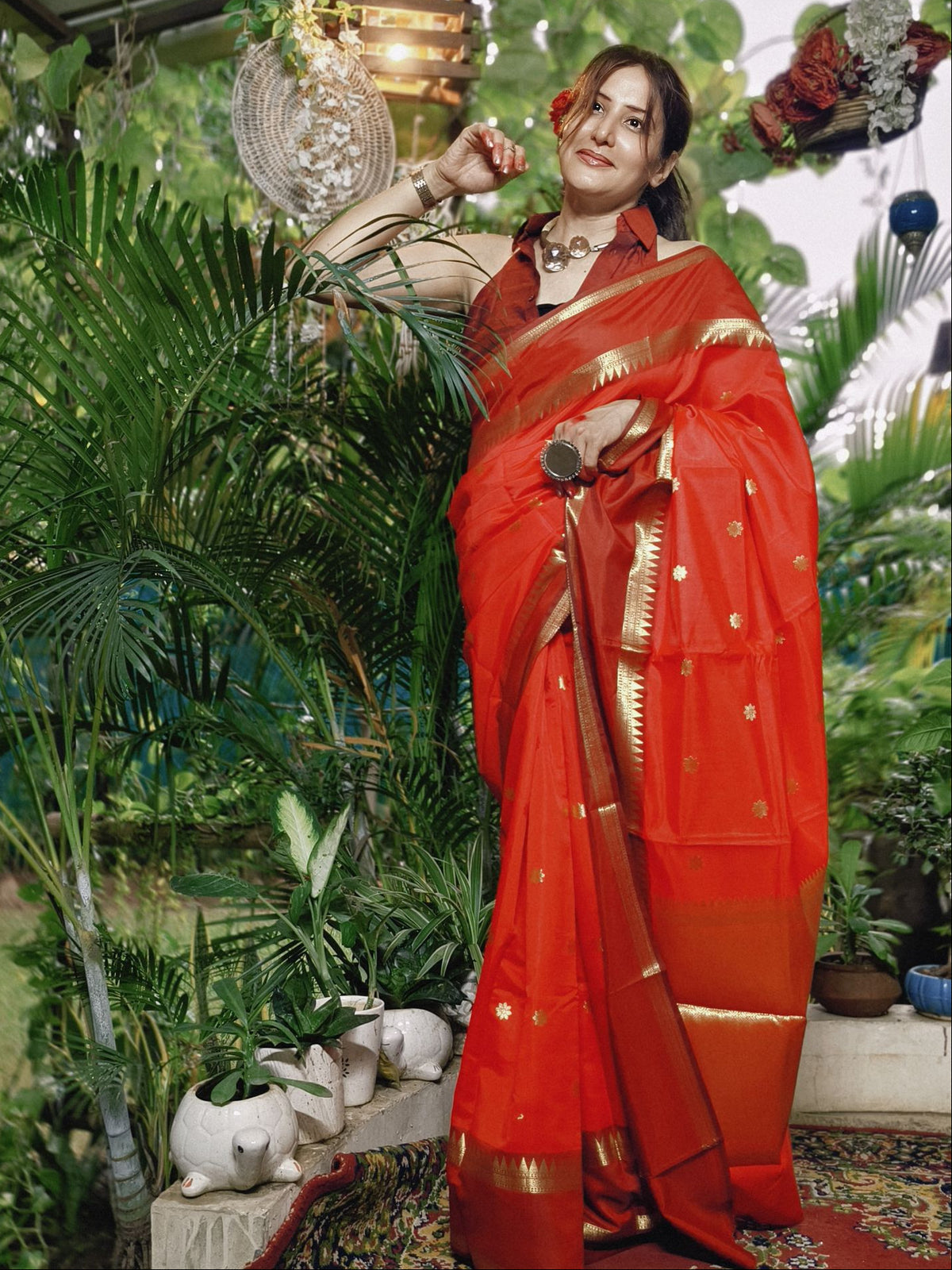 Red Soft Katan Silk Saree with Temple Border