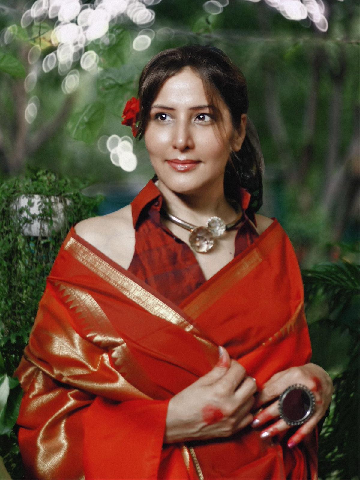 Red Soft Katan Silk Saree with Temple Border