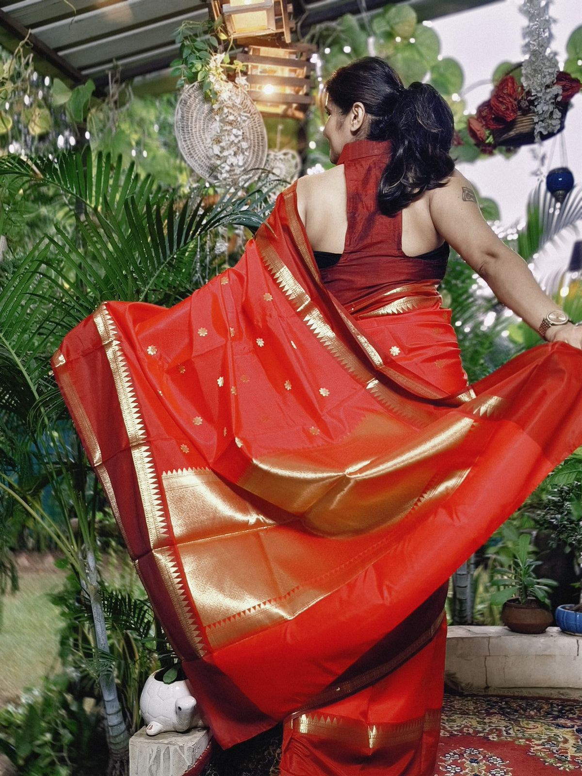Red Soft Katan Silk Saree with Temple Border