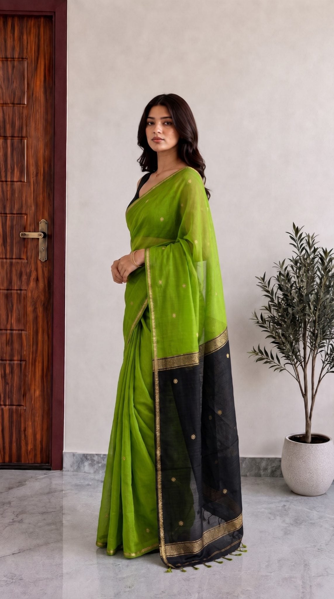 Parrot Green Maheshwari Cotton Saree with Black Pallu