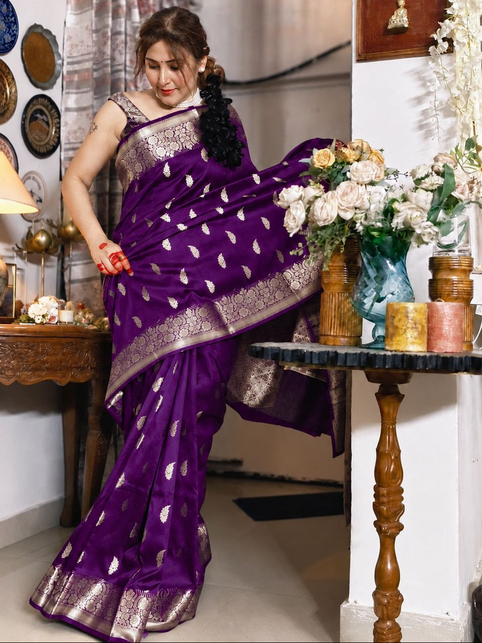 Purple Katan Silk Saree with Floral Zari Brocade Border