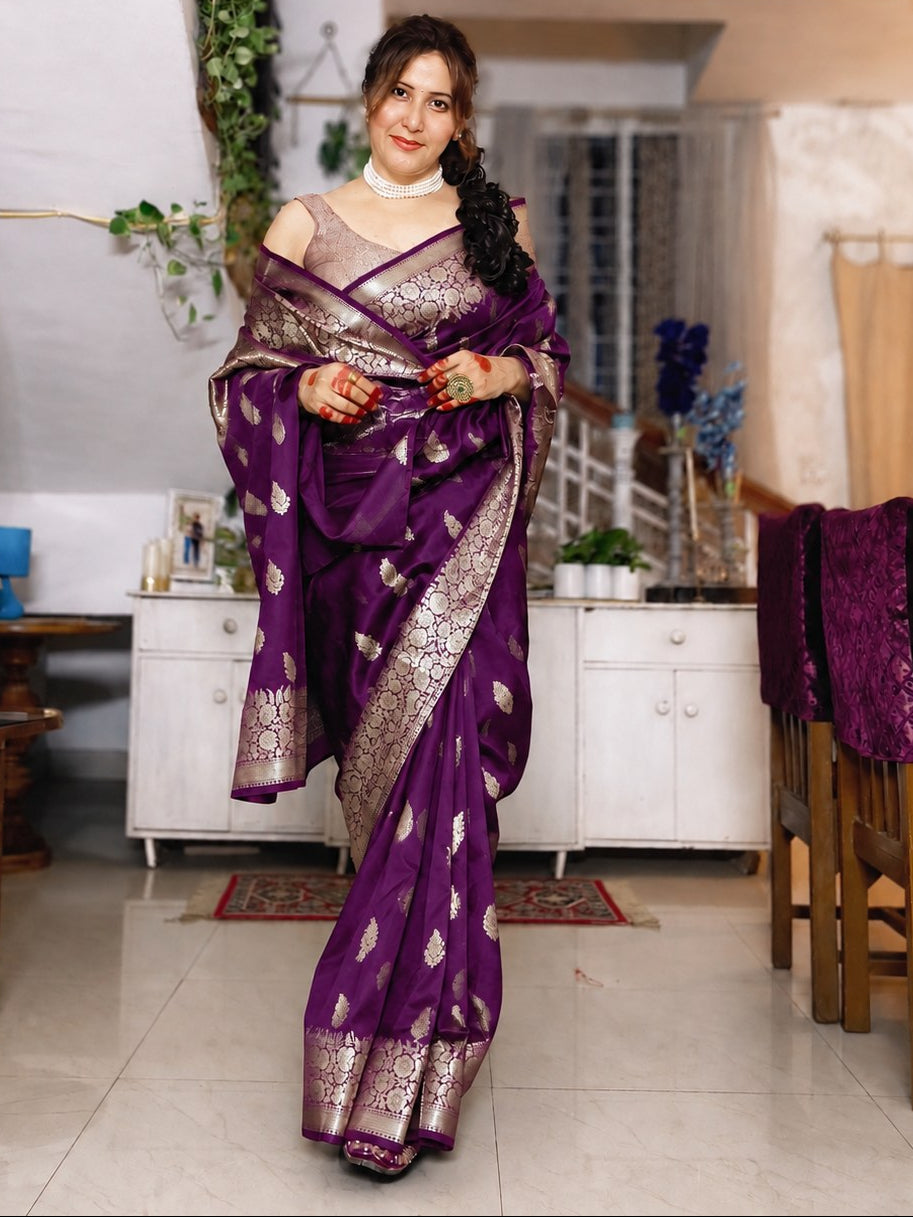 Purple Katan Silk Saree with Floral Zari Brocade Border