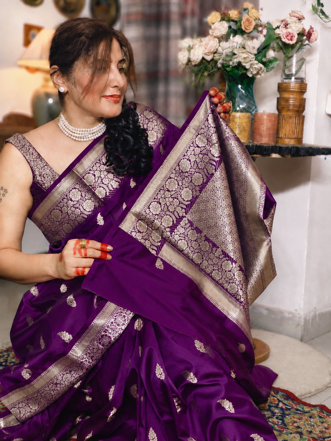 Purple Katan Silk Saree with Floral Zari Brocade Border