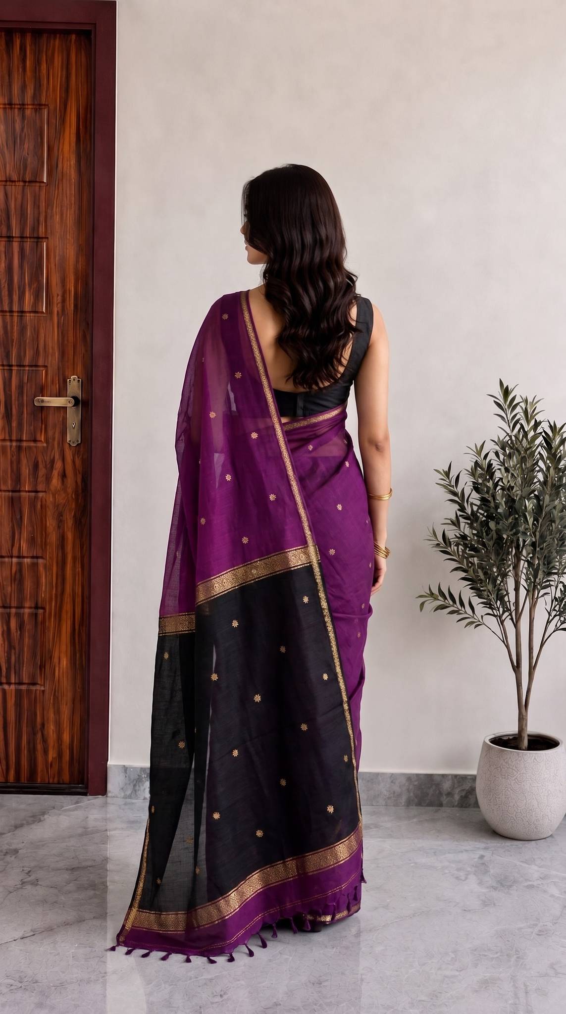 Purple Maheshwari Cotton Saree with Black Pallu