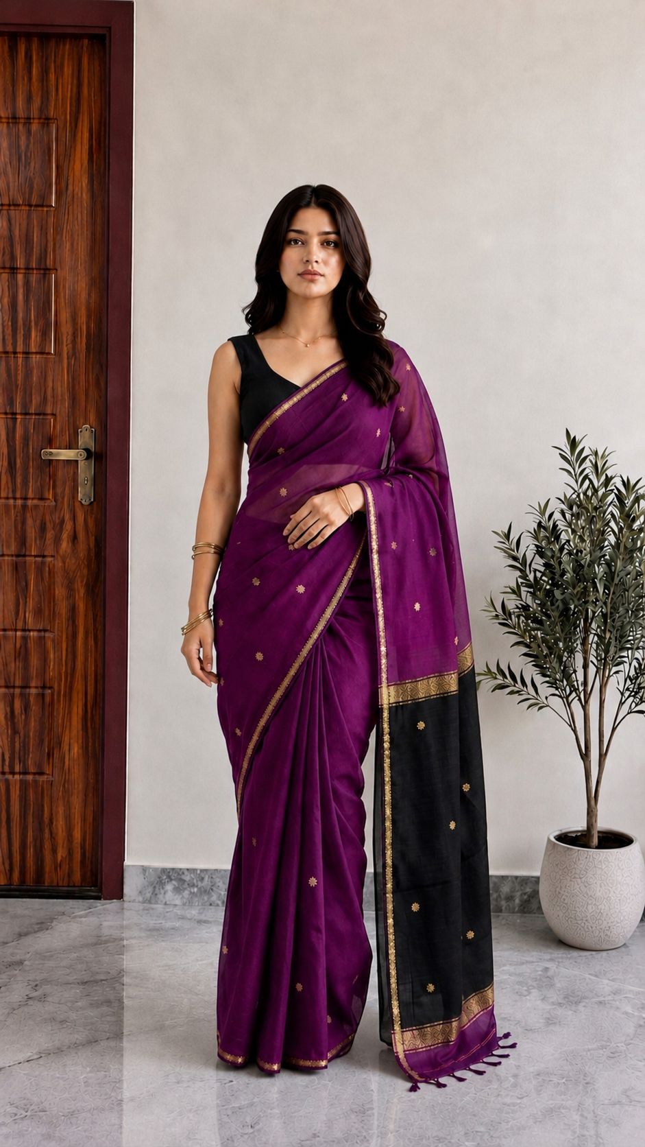 Purple Maheshwari Cotton Saree with Black Pallu