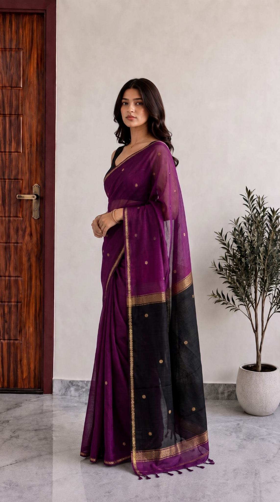 Purple Maheshwari Cotton Saree with Black Pallu