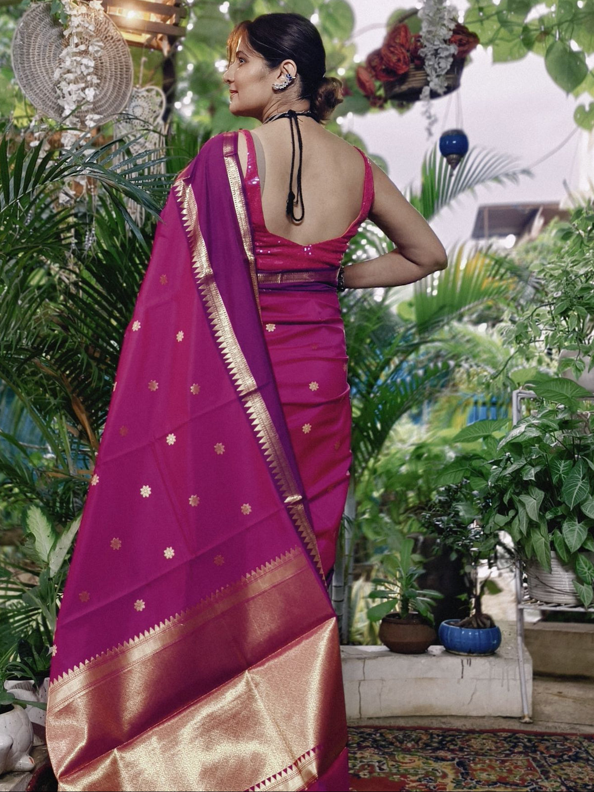 Rani Pink Soft Katan Silk Saree with Gold Temple Border