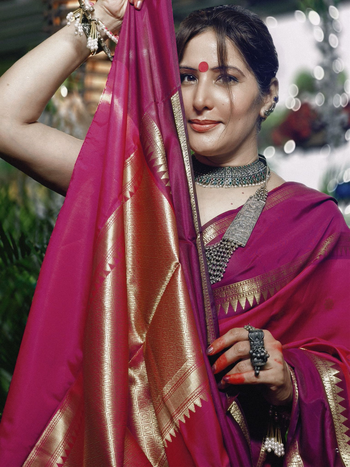 Rani Pink Soft Katan Silk Saree with Gold Temple Border
